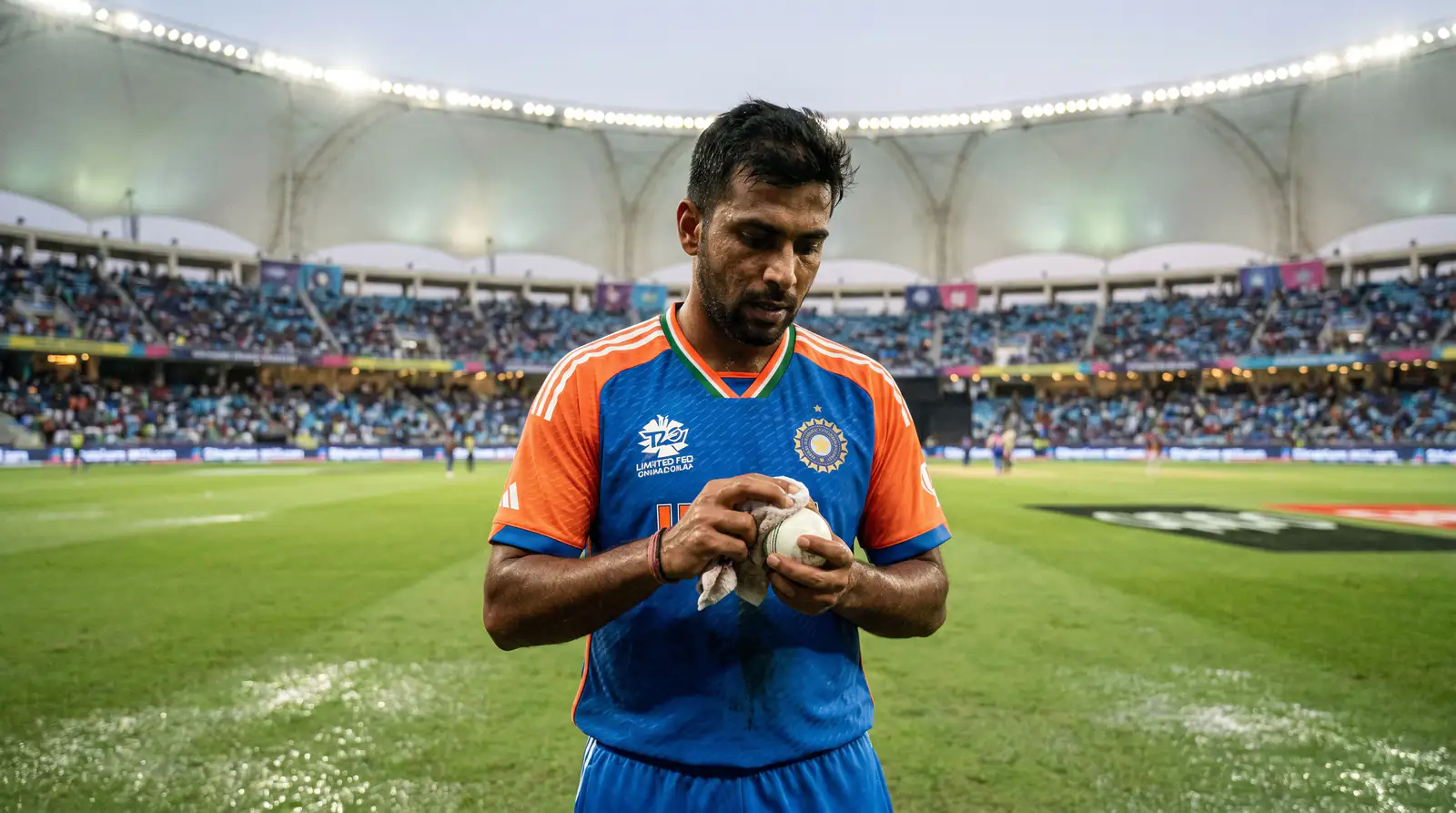 Spin bowler wipes the ball as dew settles on a floodlit subcontinent outfield