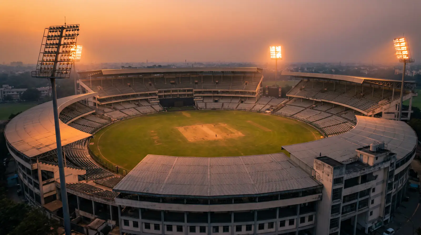 Karachi-style cricket stadium with the pitch prepared for a floodlit PSL evening fixture