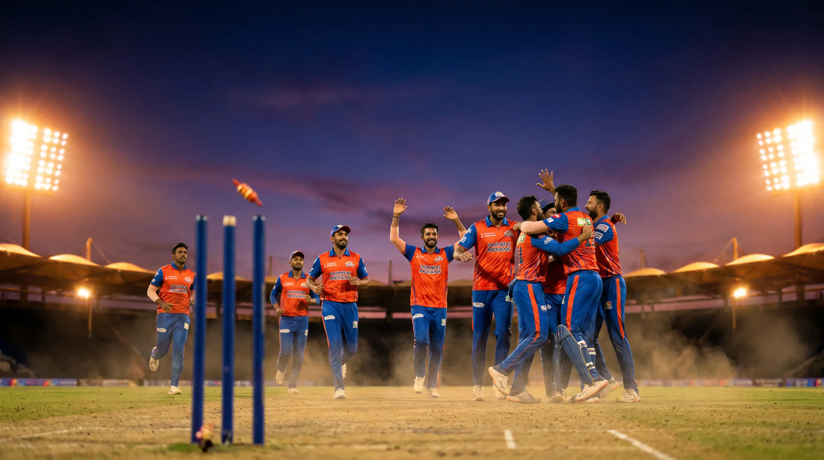 PSL T20 batter celebrates a winning moment with team-mates on a floodlit pitch