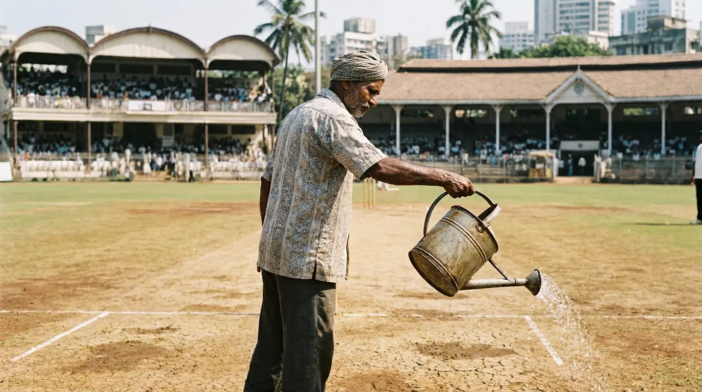 Pakistan groundsman waters a cricket pitch under bright afternoon sunlight