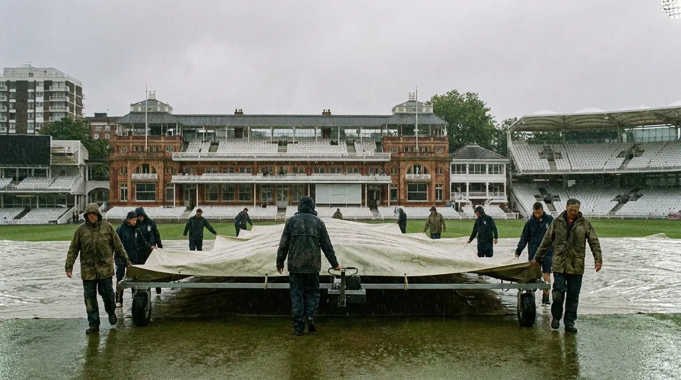 Ground staff pulling protective covers across the pitch during a rain delay at an English cricket ground