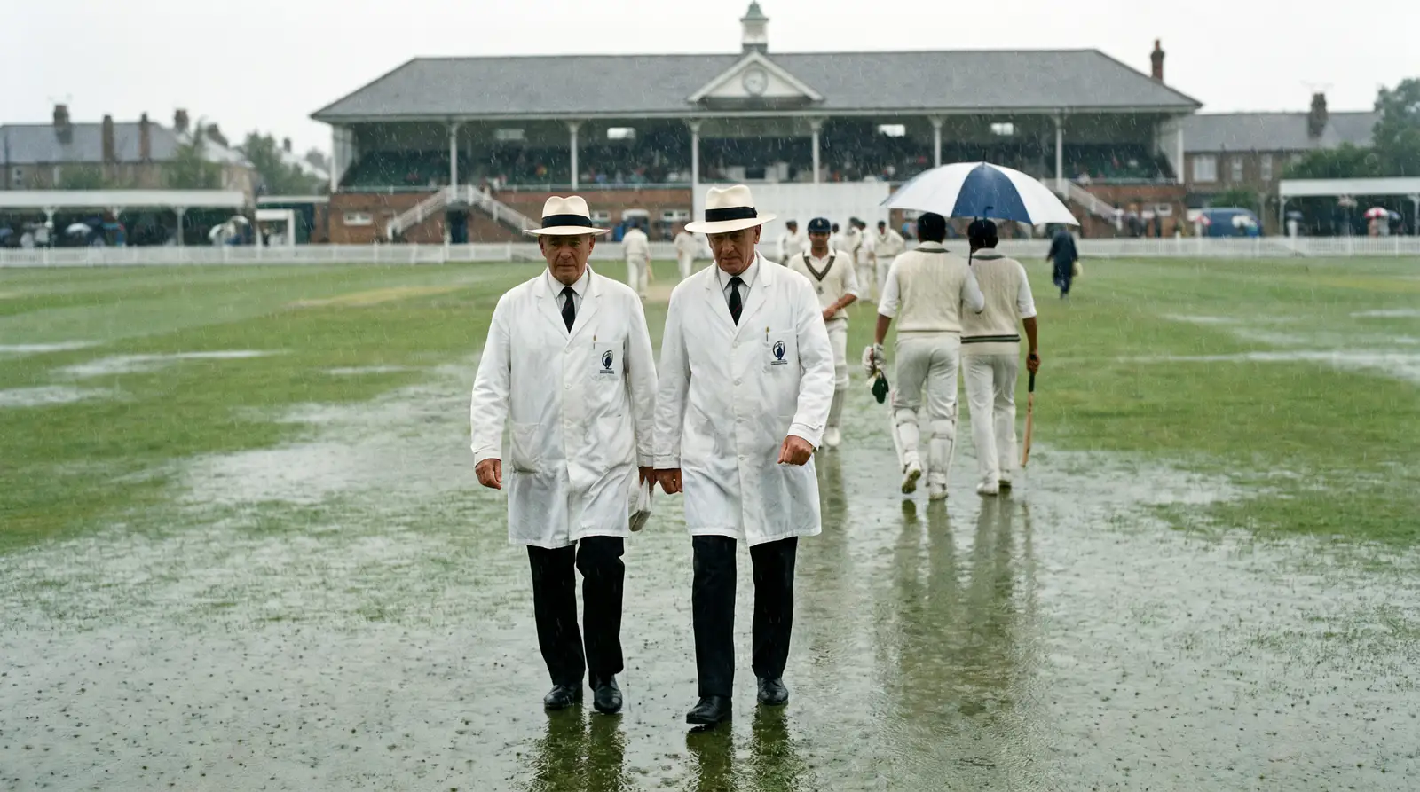 Umpires lead the players off the field as rain begins to fall during a cricket match