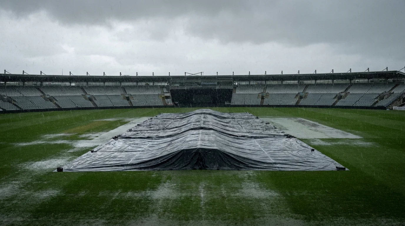 Empty cricket pitch under rain covers with stands in the background