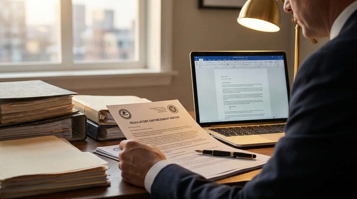 Compliance lawyer reviewing a printed regulatory enforcement notice on a desk beside a laptop and reference folders