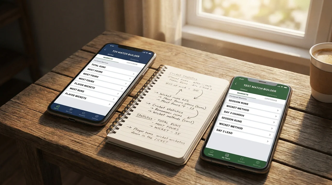 Two phones side by side compare sample bet builders for Test and T20 cricket fixtures