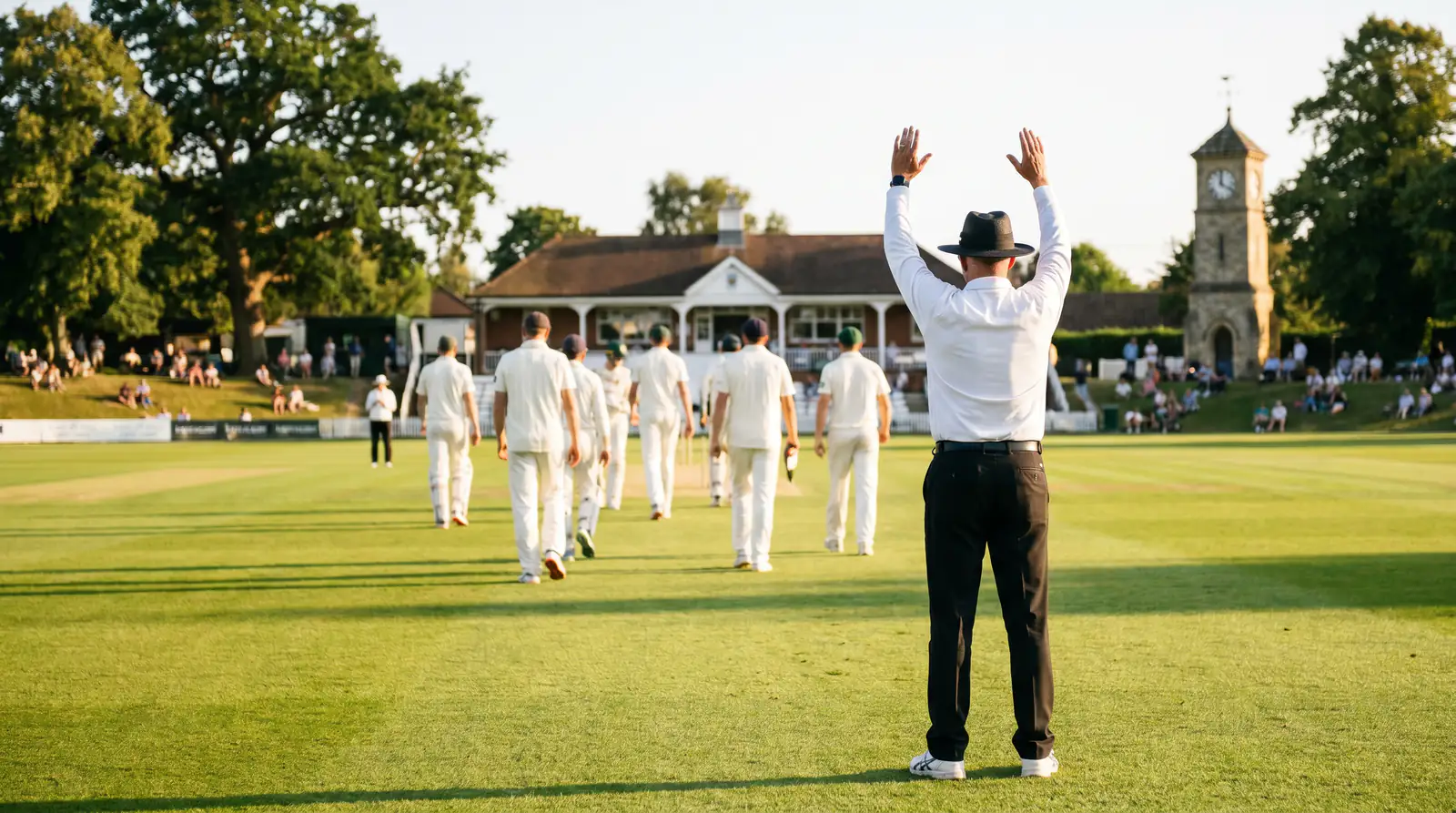 Cricket umpire signals a break in play with players walking off in the background