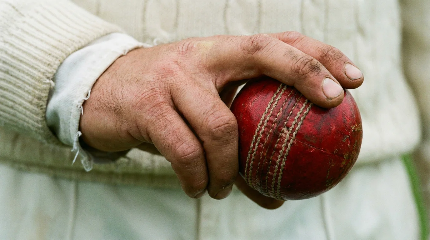 Off-spinner grips the red cricket ball showing finger placement before delivery