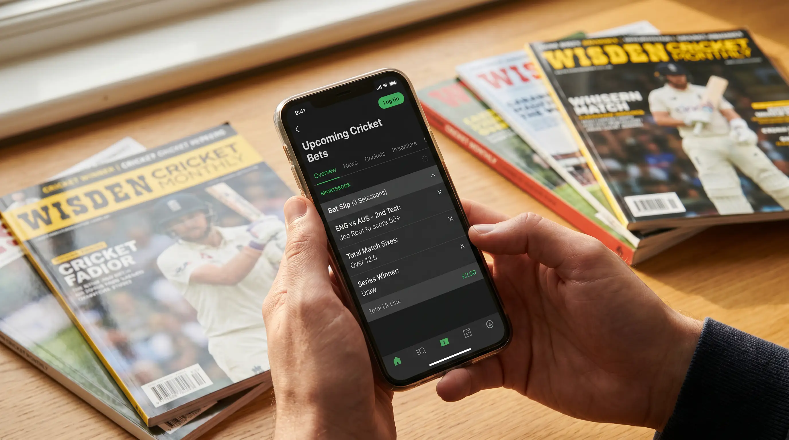 Generic UK sportsbook app on a smartphone shows a multi-leg cricket bet slip