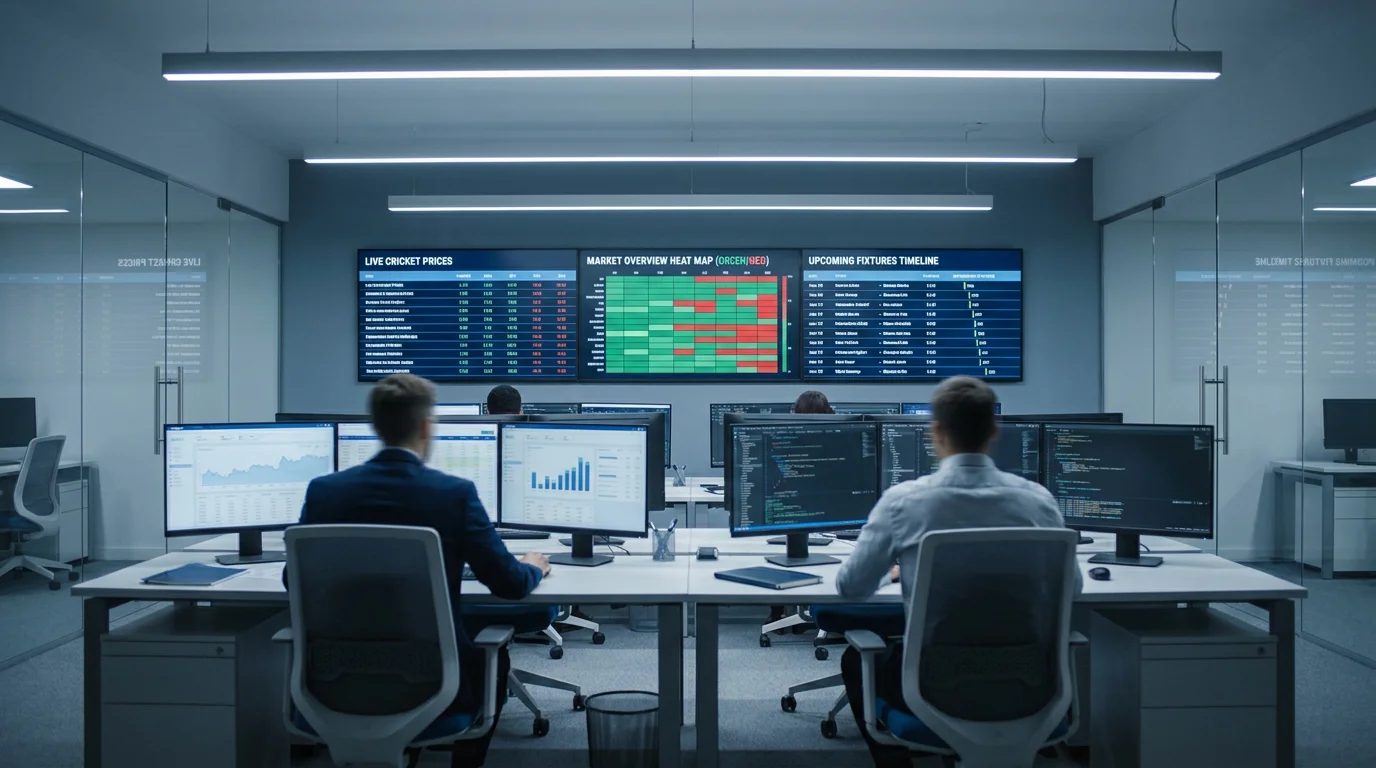Sportsbook trading room with wall-mounted screens showing live cricket prices and traders reviewing model output