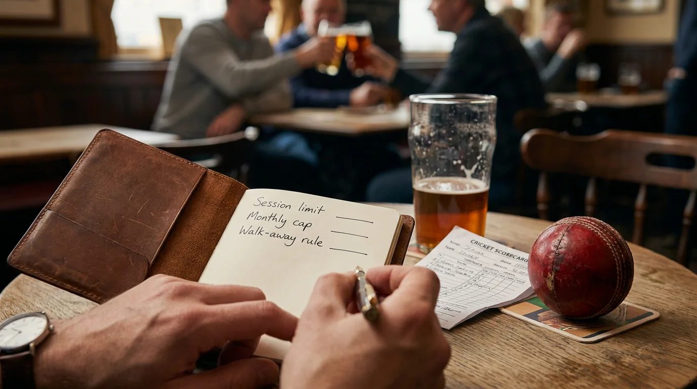 Punter writing a session staking limit into a small notebook beside a cricket scorecard