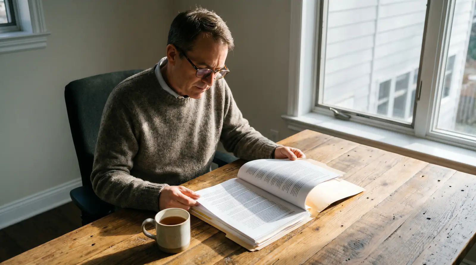 Person reads a printed policy briefing about gambling-harm funding at a quiet desk