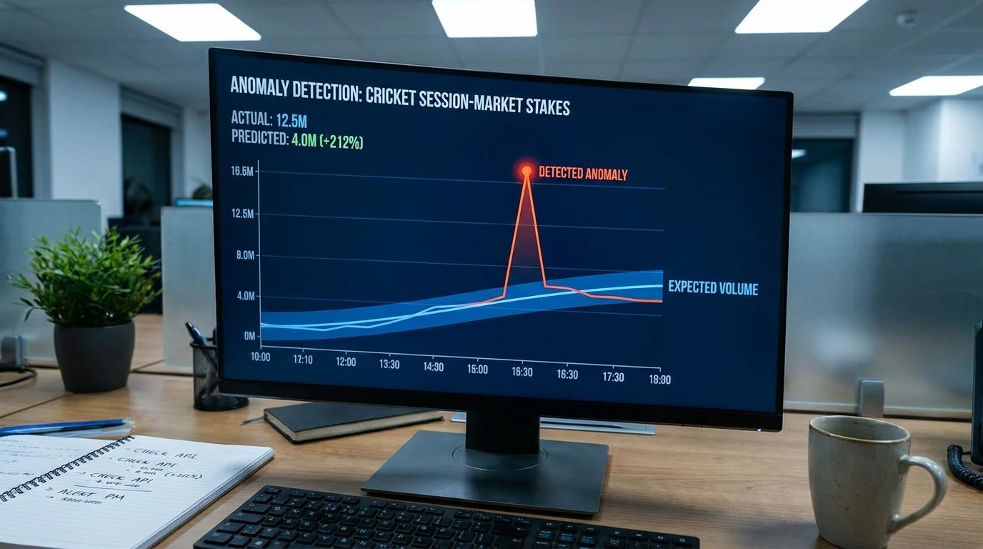 Anomaly detection dashboard plotting an unusual surge in cricket session-market stakes against the model's expected volume curve