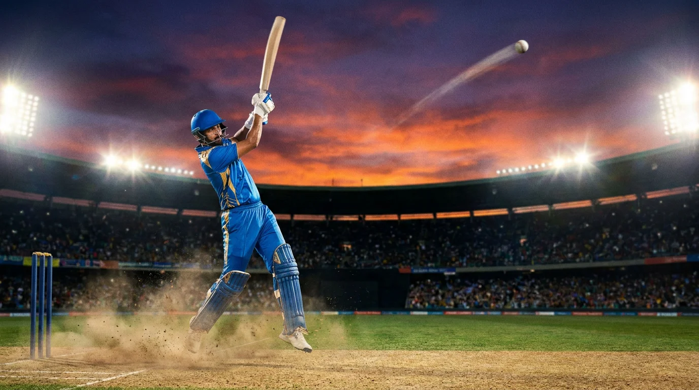 T20 batter strikes a six over the leg-side stand under floodlights