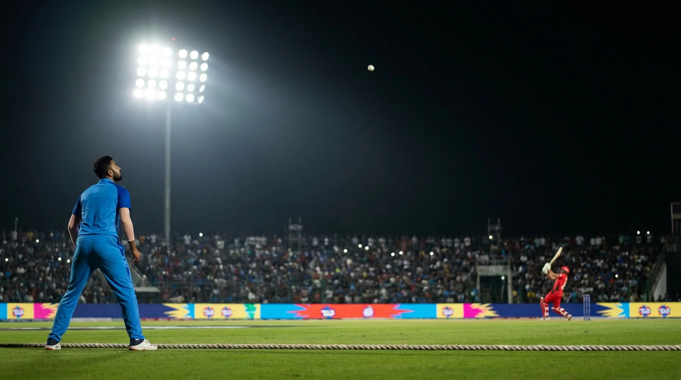 Death overs scene in a T20 cricket match with a packed boundary and a fielder positioned at long-on