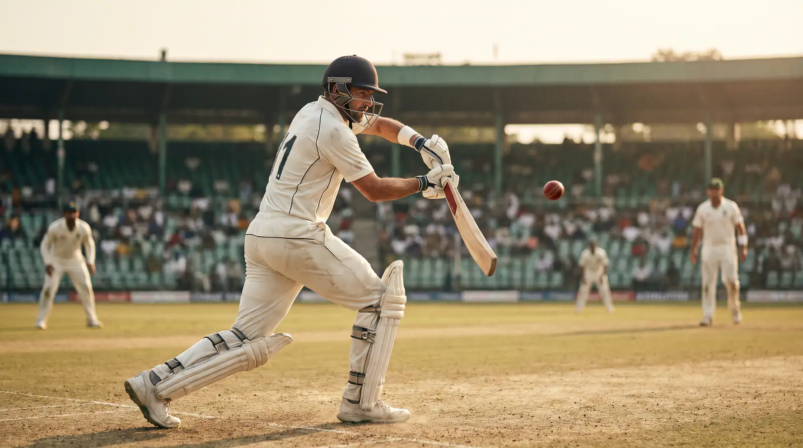Tail-end batter in pads and helmet defends a quick delivery on a Test pitch