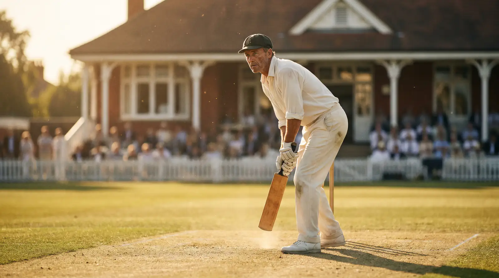 Test cricket batter in classic whites takes guard at the crease in golden afternoon light