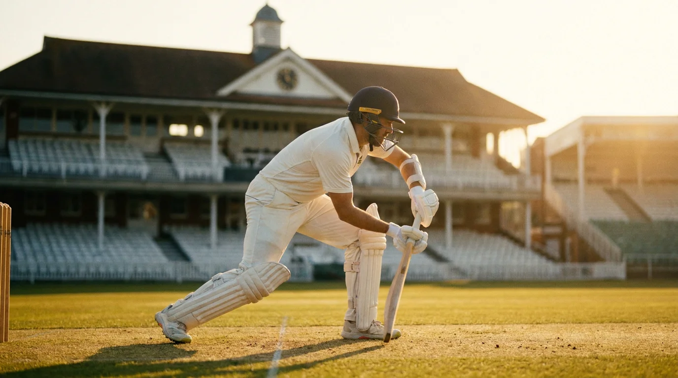Test cricket batter in classic whites takes guard at the crease in afternoon light