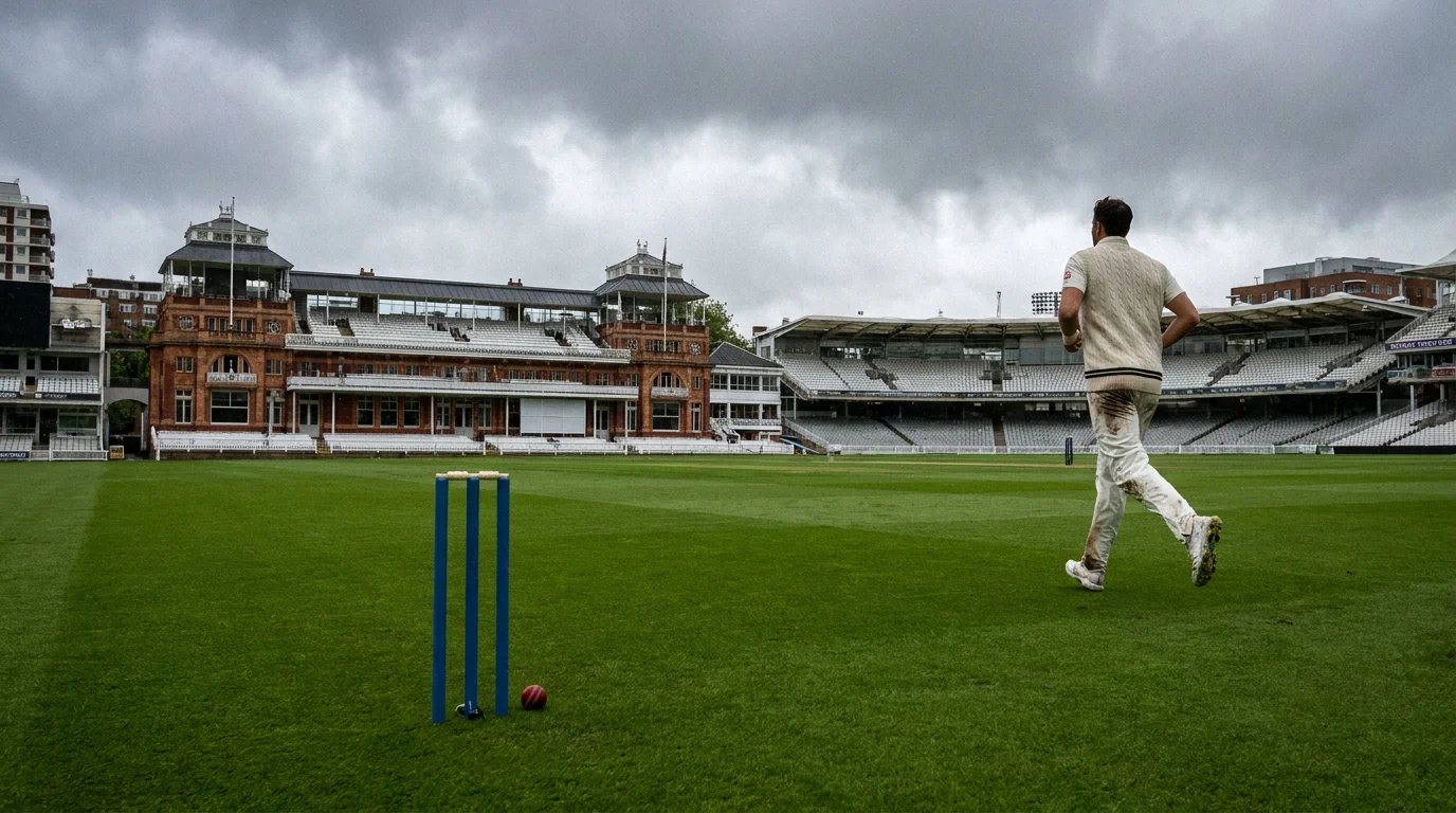 Overcast morning at an English Test cricket ground with a fast bowler marking his run-up