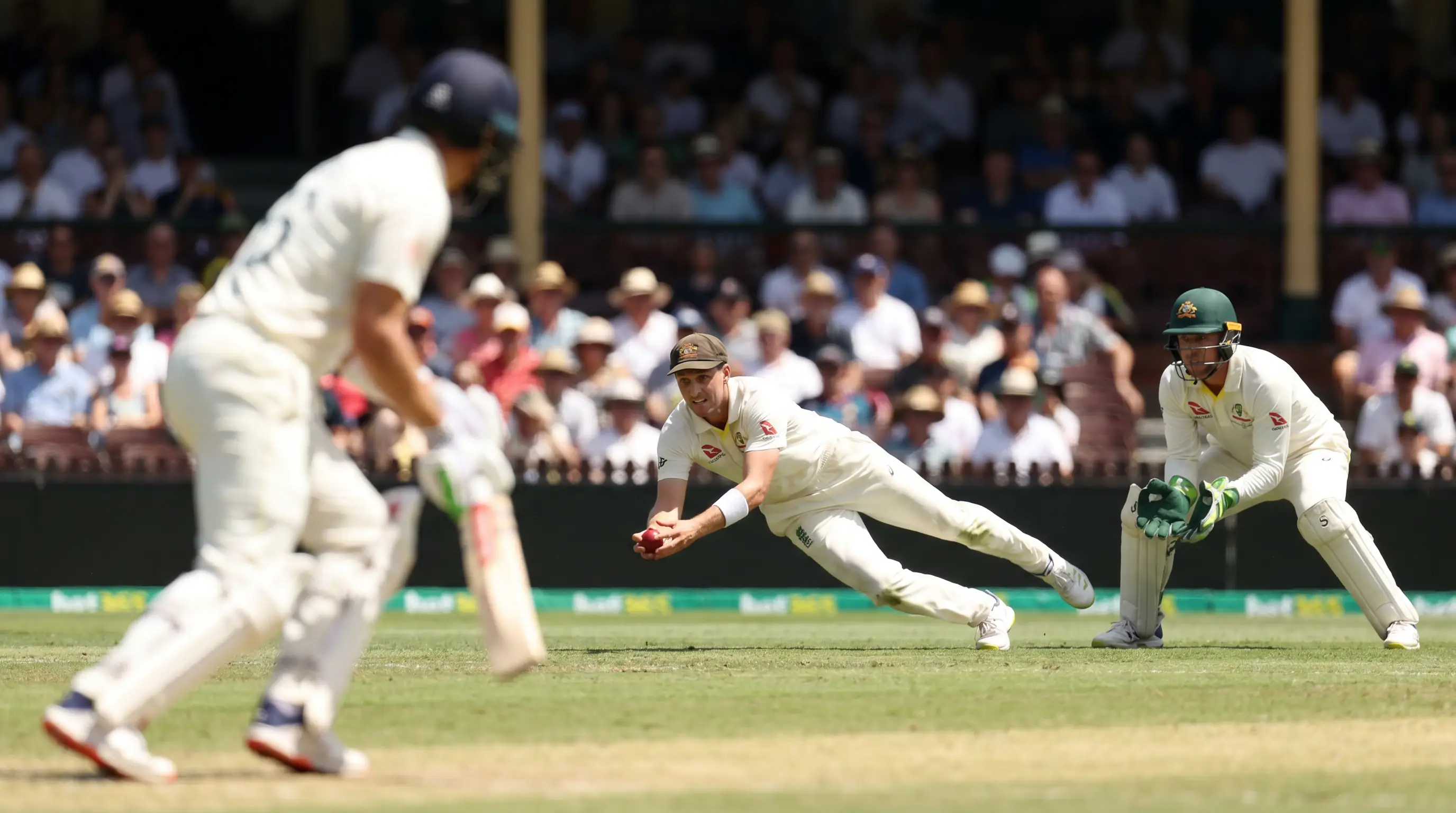 Slip fielder dives forward to take a low catch off the edge of the bat in a Test