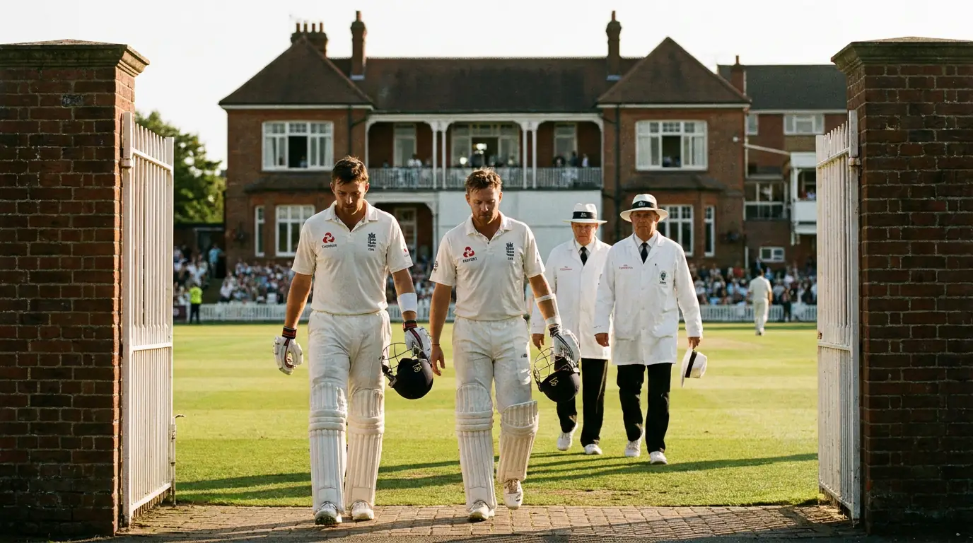 Test cricketers walk back to the pavilion as the umpires call tea