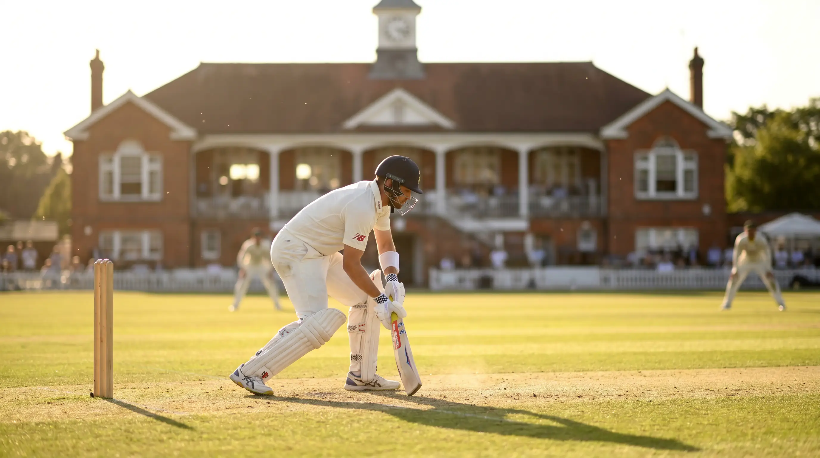 Test cricket batter in whites takes guard with a traditional pavilion behind