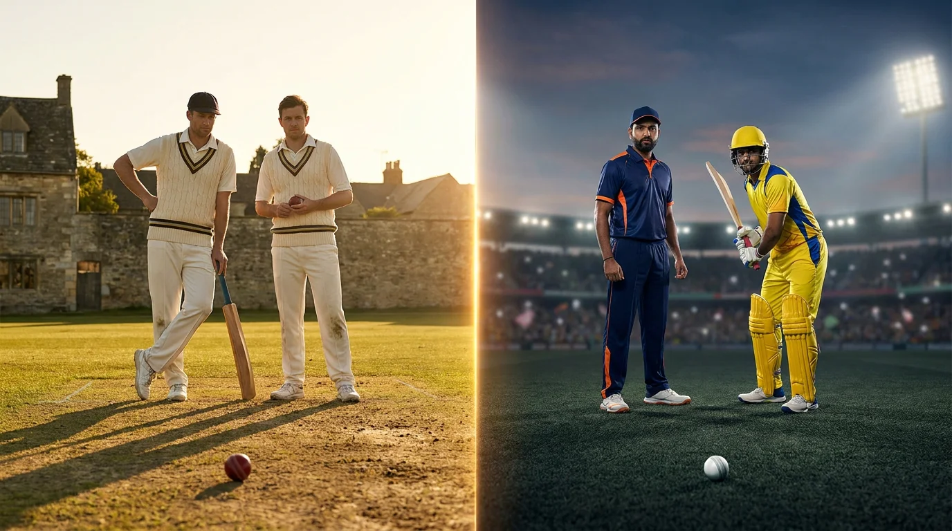 Test cricketers in whites alongside T20 players in coloured kit on contrasting grounds