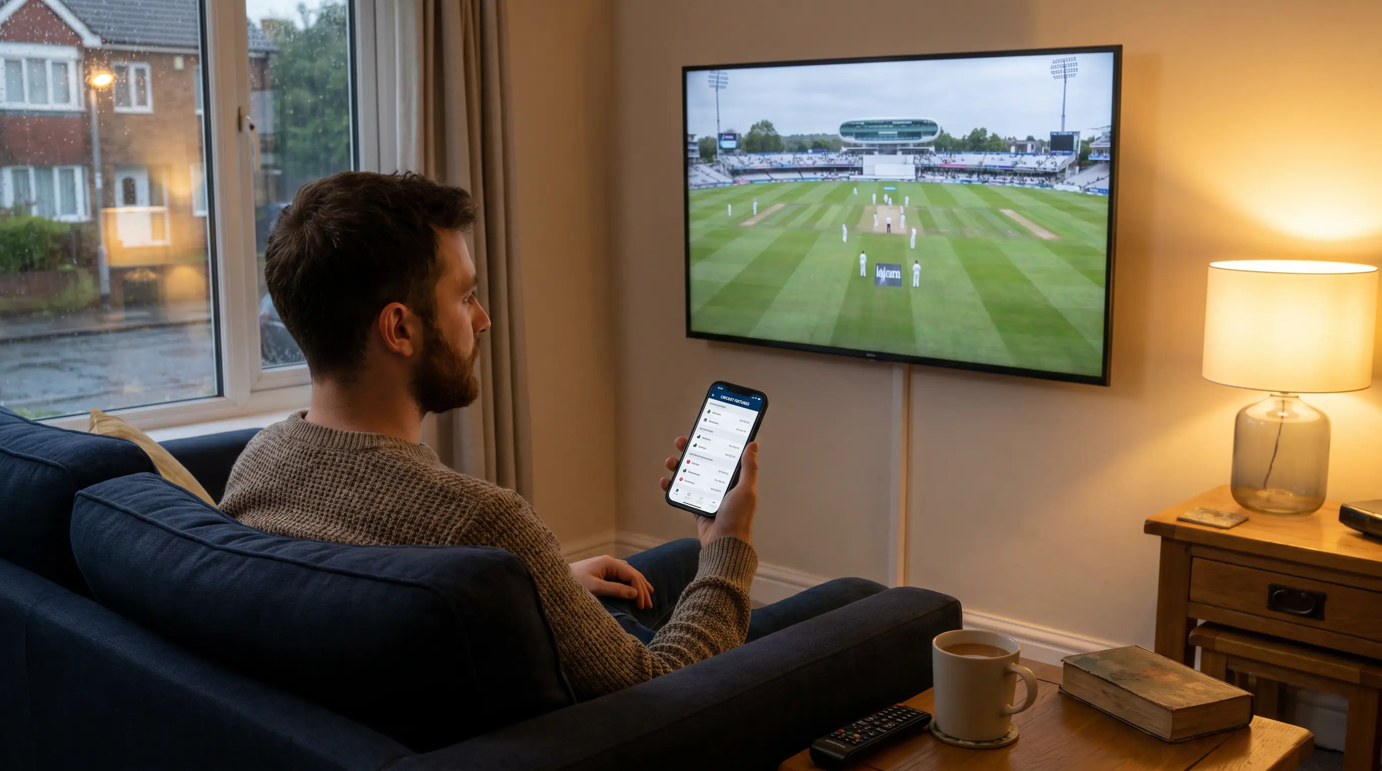 British punter following a cricket broadcast with a sportsbook app open on the phone