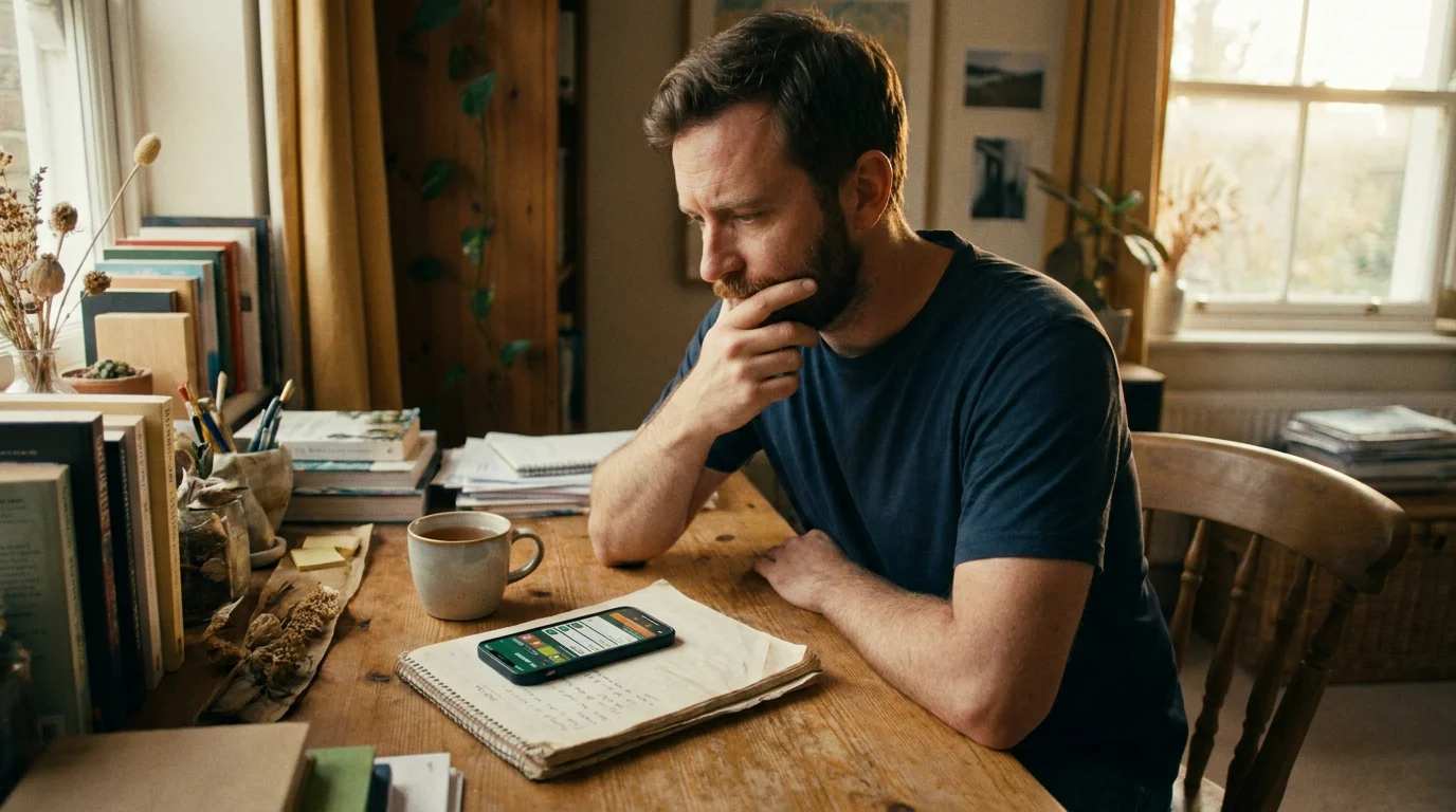 Punter thinks carefully over a sportsbook BOG offer at a quiet wooden desk