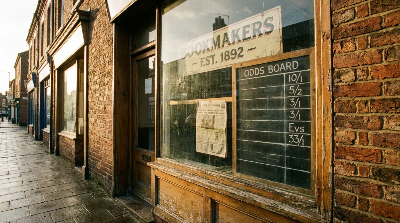 Traditional UK high street betting shop window showing an odds board through the glass
