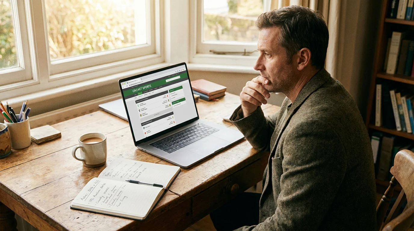 UK punter reviews the Ashes-series fixture list on a laptop during pre-tour build-up