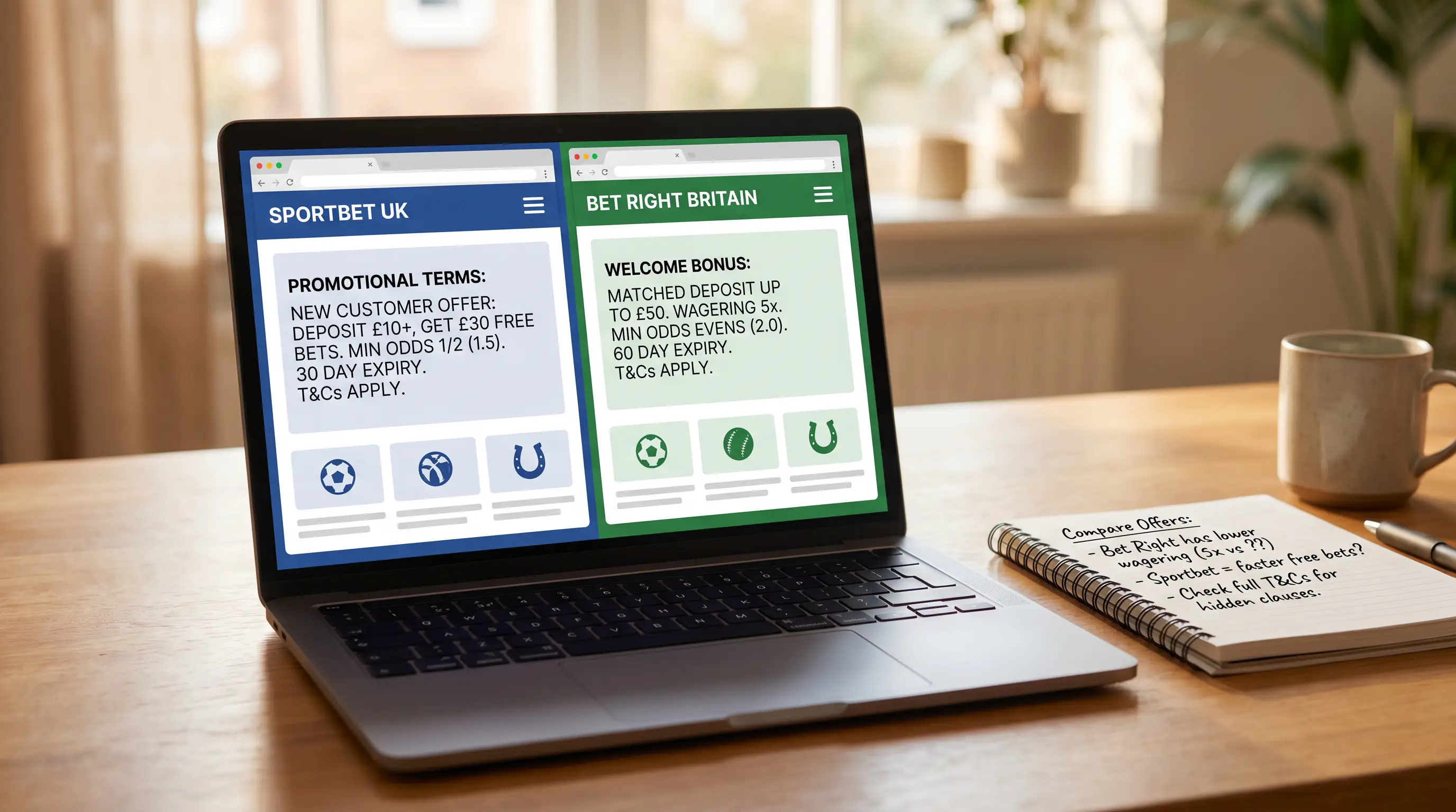 Punter compares BOG terms across two UK sportsbook windows on a laptop screen