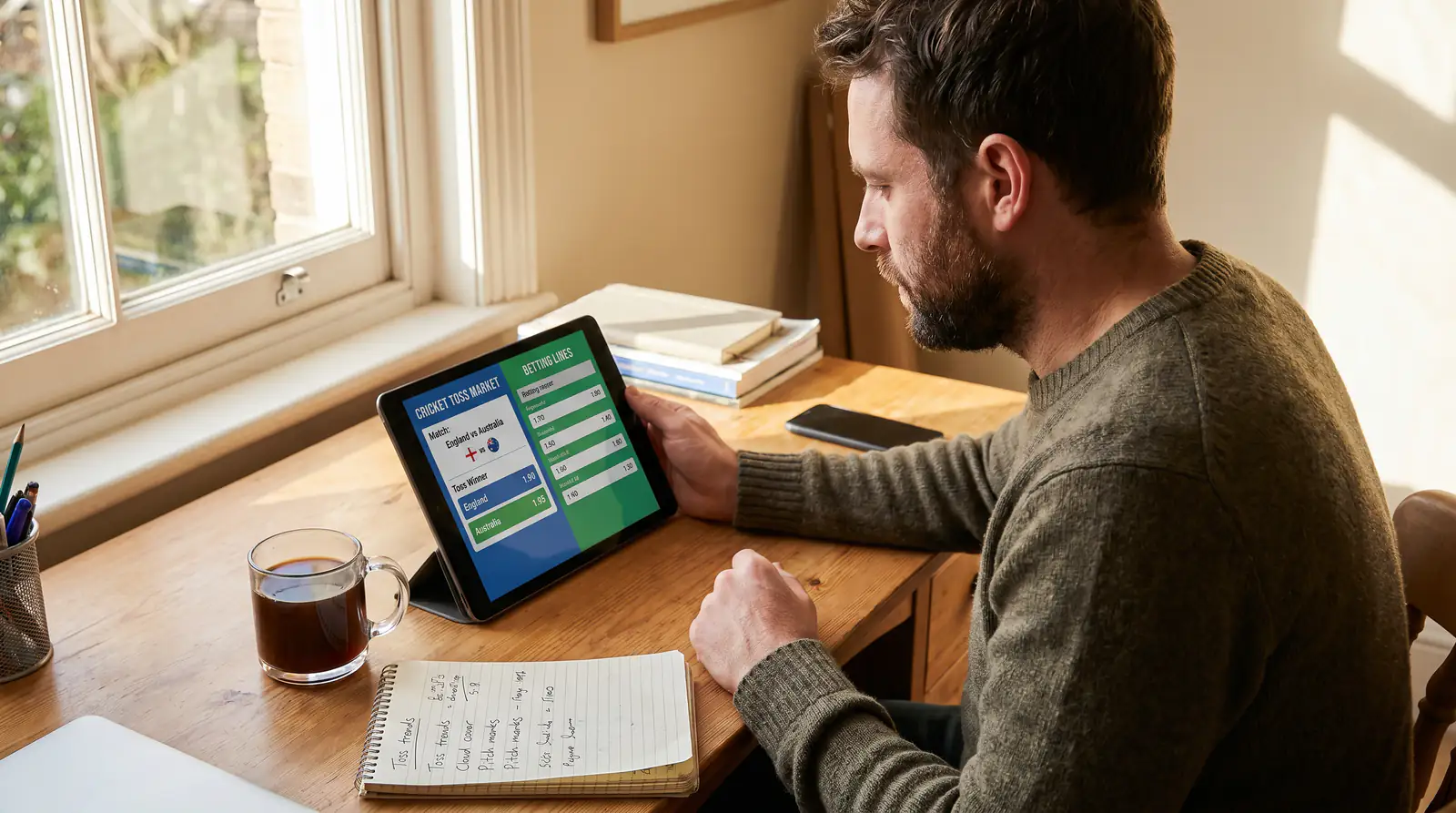 Cricket punter compares toss-market odds across two UK sportsbook apps on a tablet