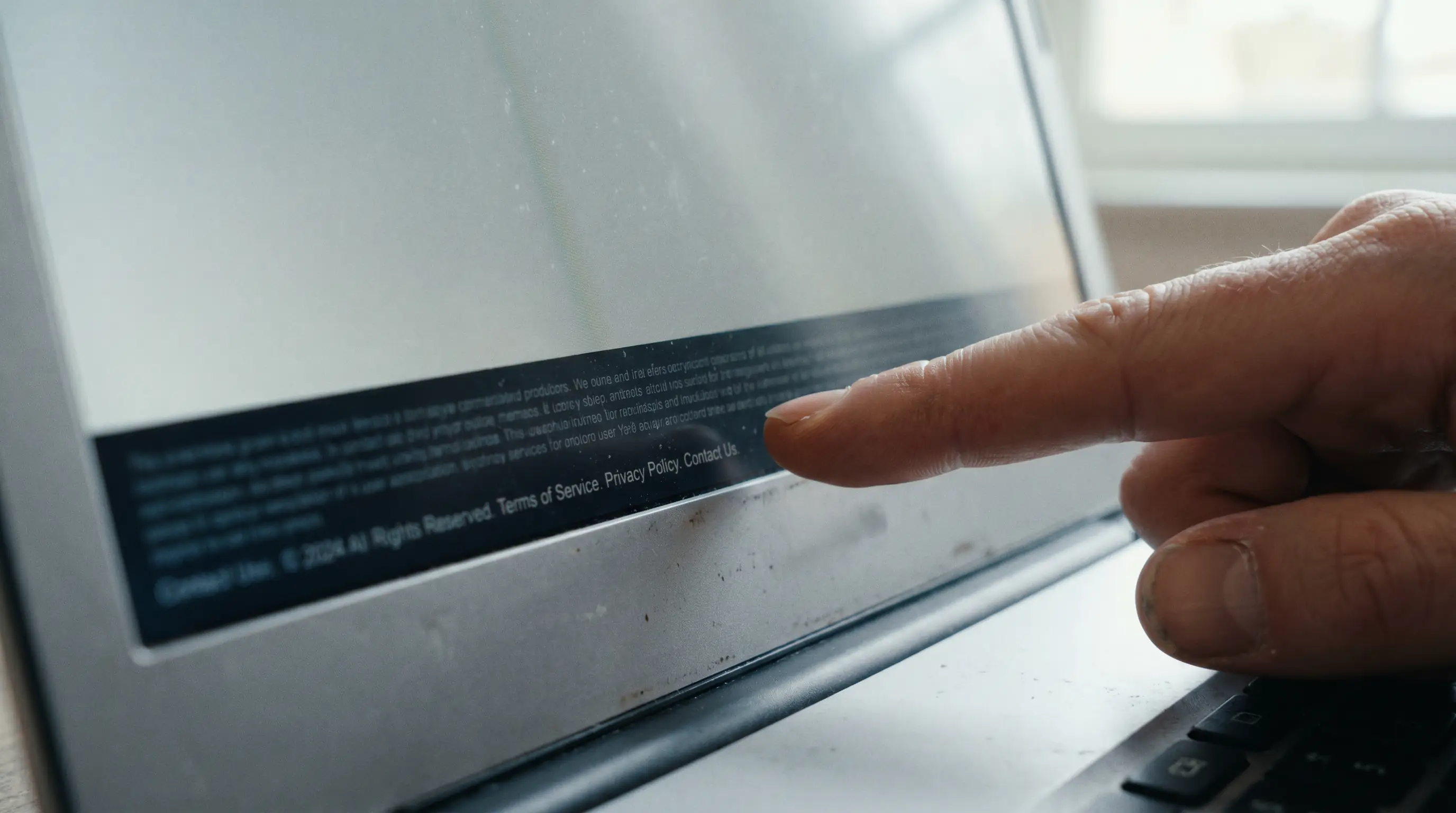 Punter examines a website footer showing licence disclosure text on a laptop screen