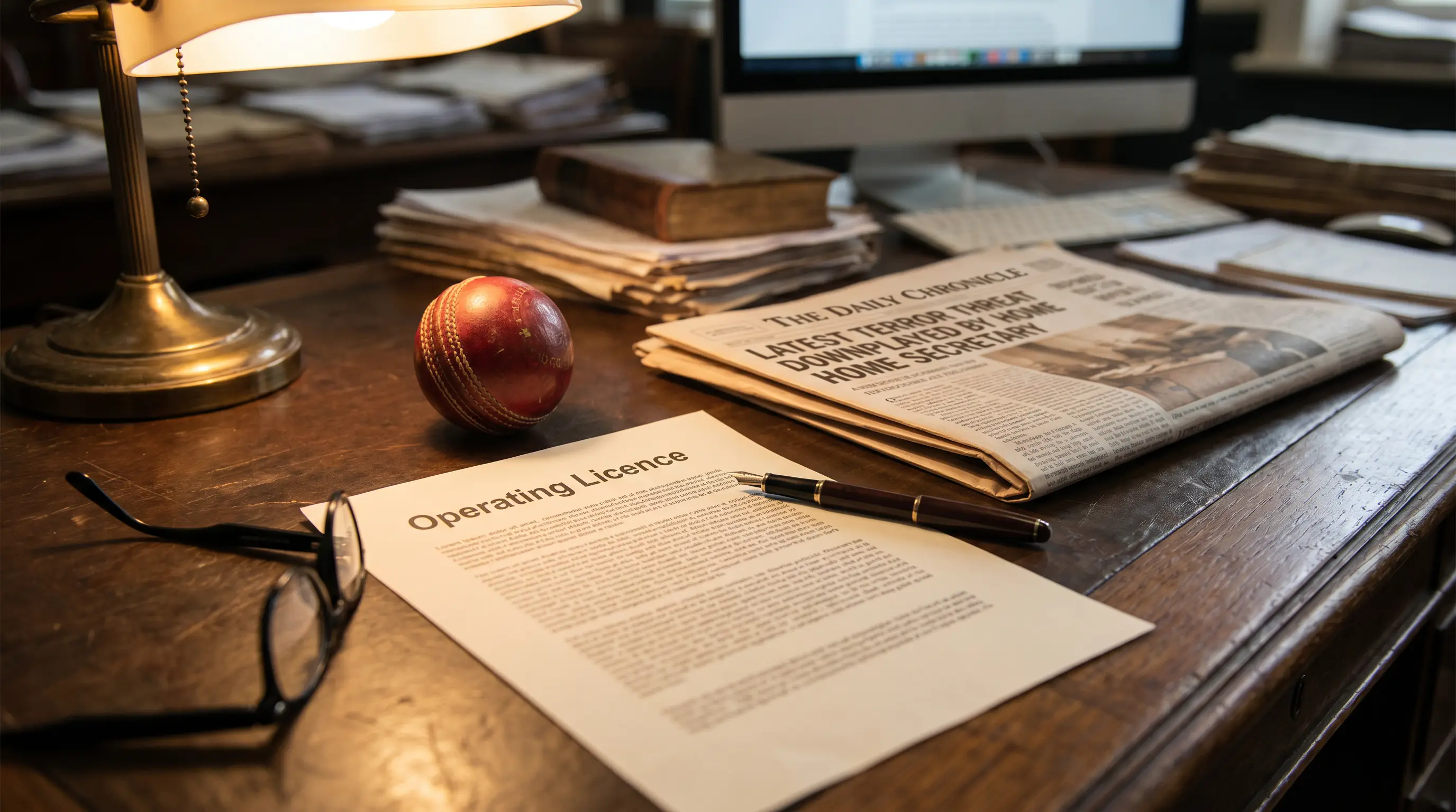 UK Gambling Commission compliance documents on a desk with a cricket ball