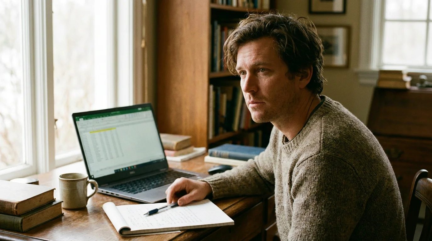 Cricket punter reviews licence details thoughtfully at a tidy wooden desk