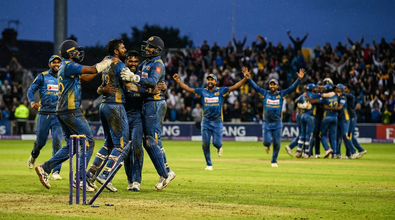 Outsider cricket team celebrates an unexpected match win under floodlights