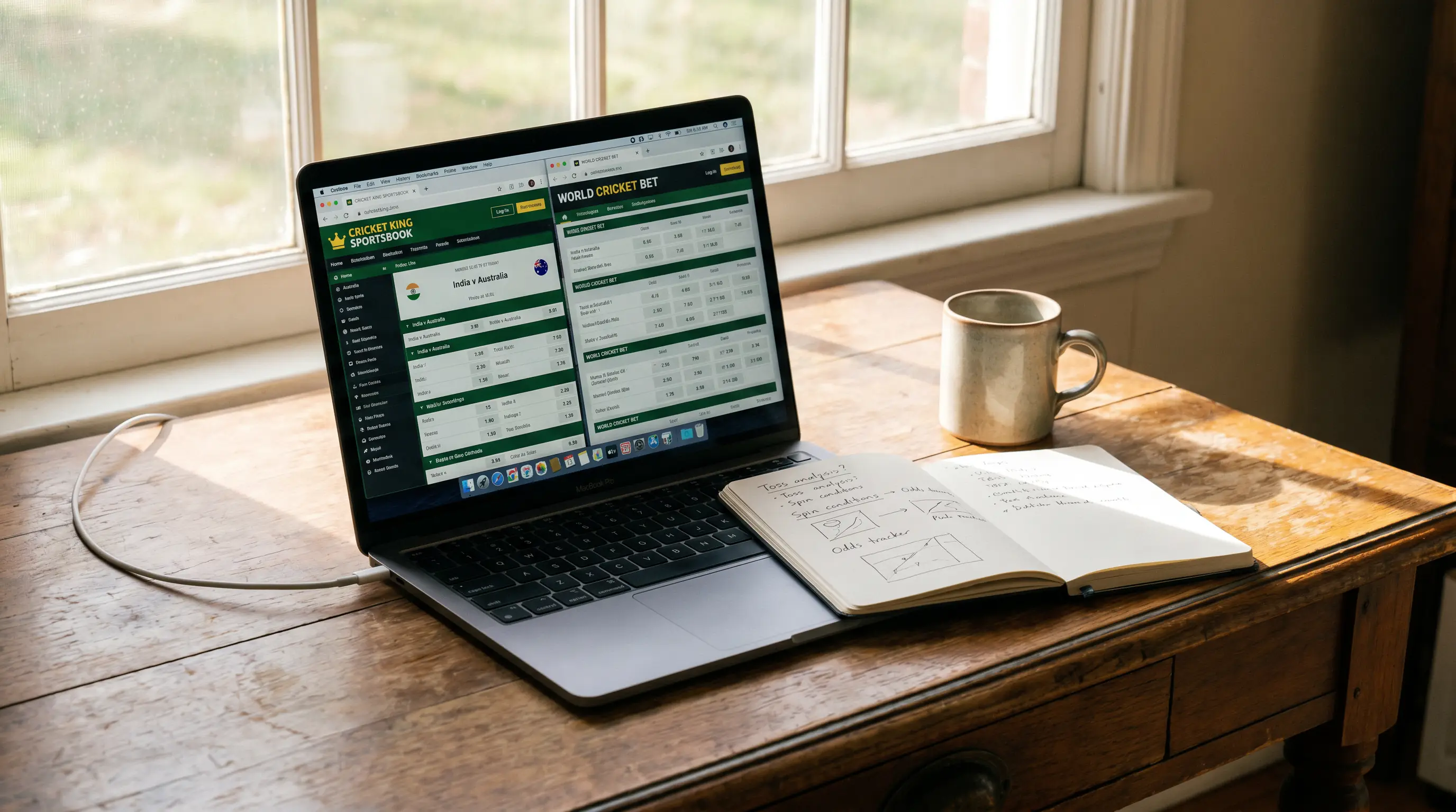 Punter compares cricket market lines on two laptop windows looking for value gaps