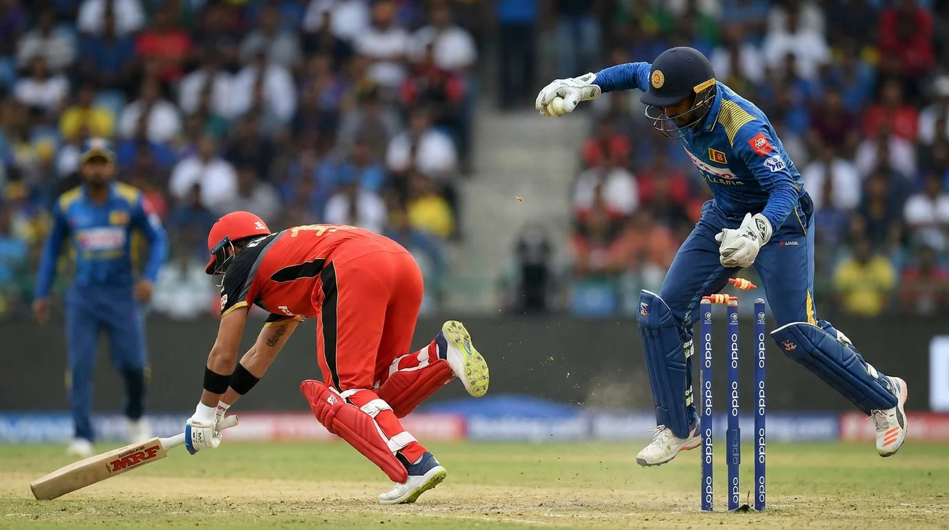 Wicketkeeper whips off the bails for a stumping as the batter overbalances