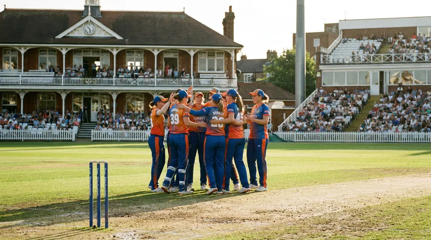 Female cricket team in coloured kit gather on the field after a tournament fixture