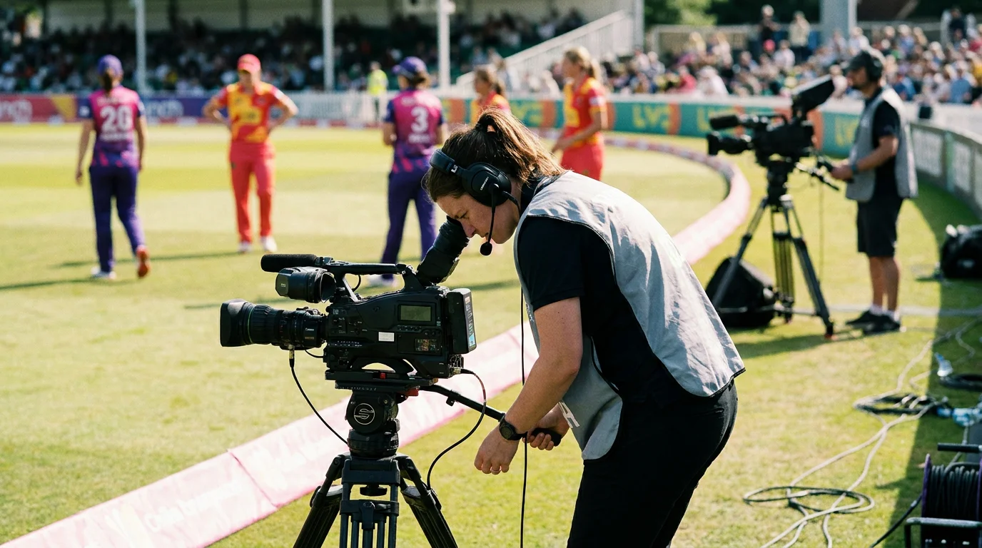 Women's cricket broadcast camera crew films a match from the boundary edge