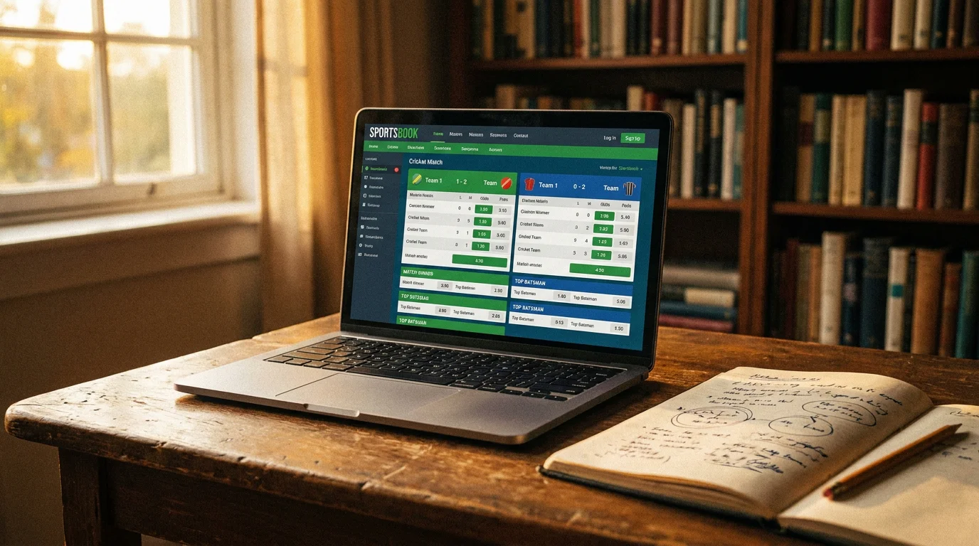 Punter compares women's and men's cricket markets on a laptop with notes beside