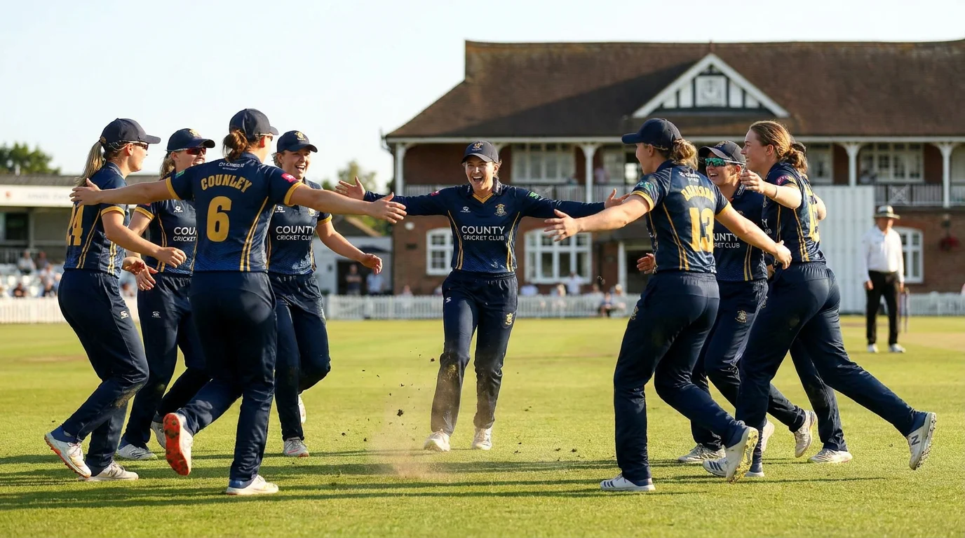 Female cricket team celebrates a wicket together on a sunlit county ground